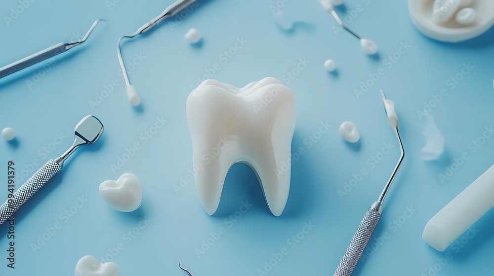 Isolated White Tooth Model on Blue Background - Dental Health Concept Isolated White Tooth Model on Blue Background - Dental Health Concept