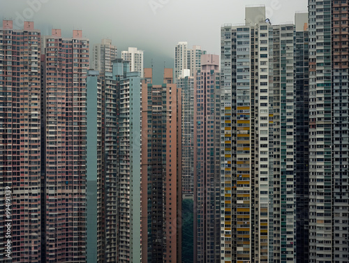 White and grey skyscrapers stretch endlessly into the sky, creating a monotonous and repetitive cityscape.