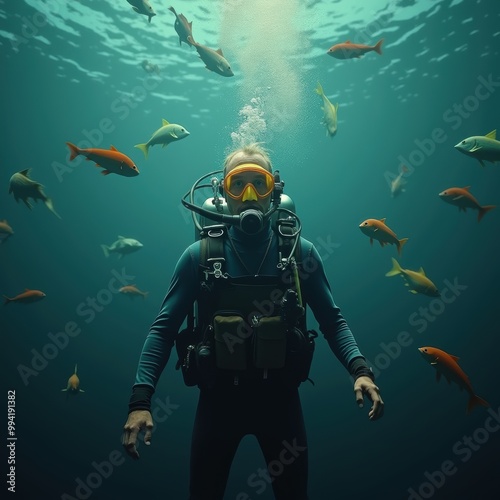 A scuba diver exploring an underwater paradise surrounded by vibrant fish, showcasing the beauty of marine life and adventure.