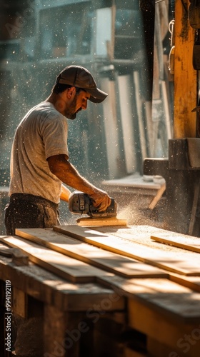 Carpenter Cutting Wood with Precision in Workshop