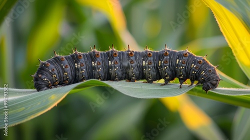 Black cutworm caterpillar on corn stalk: Agricultural pest from the family Noctuidae causing crop damage photo