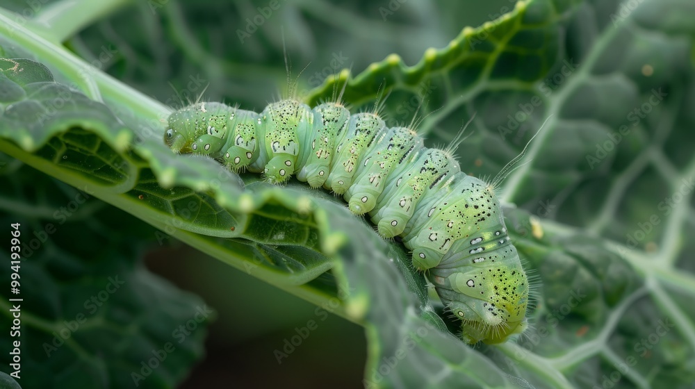 Naklejka premium Agricultural Threats from Trichoplusia ni: A Closer Look at the Cabbage Looper Caterpillar, Leaf Damage, and Crop Protection Strategies