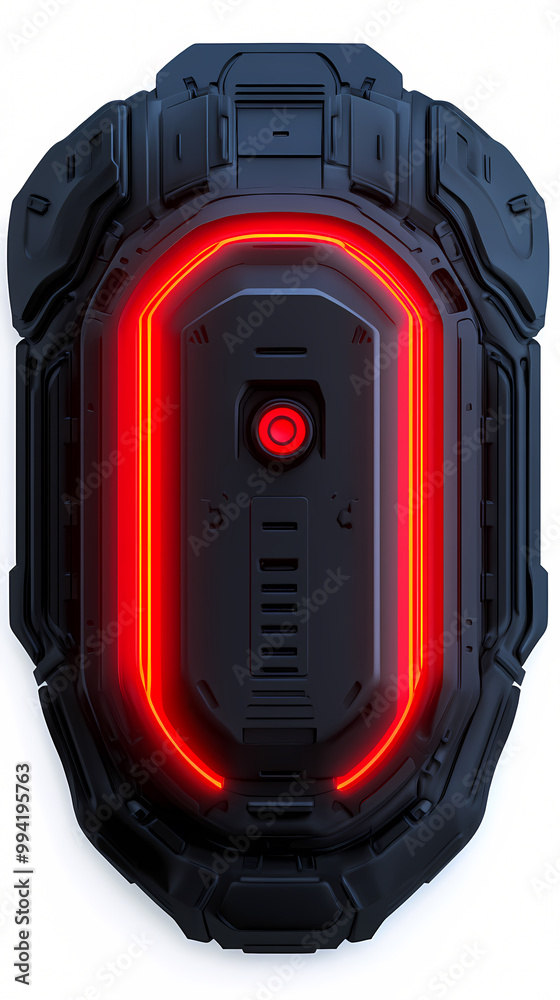 A futuristic looking device with red glowing lights. The device is black and red in color A futuristic looking device with red glowing lights. The device is black and red in color
