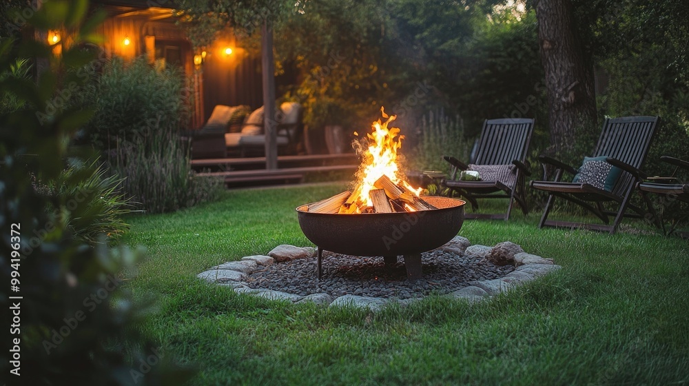 Outdoor fire pit in the backyard with lawn chairs on a summer night
