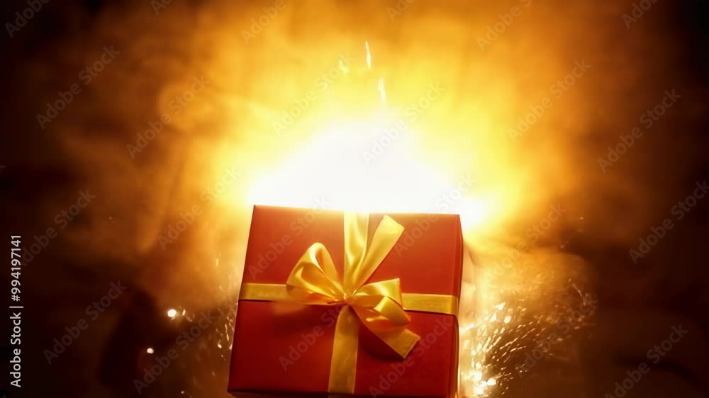 Red Gift Box with Yellow Ribbon Surrounded by Glowing Fireworks
