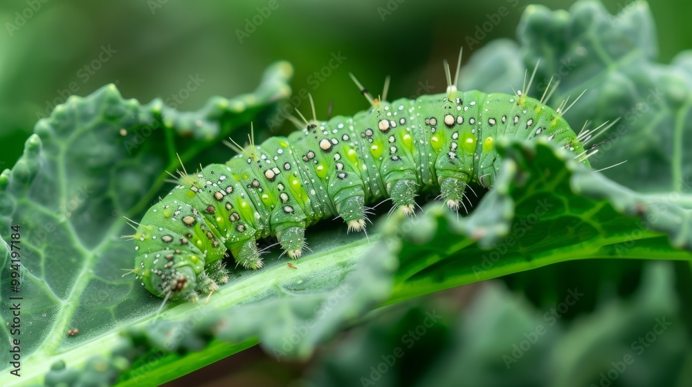 Naklejka premium Green Diamondback Moth Caterpillar (Plutella xylostella) on Broccoli Leaves: Exploring Crop Damage and Effective Pest Management Techniques