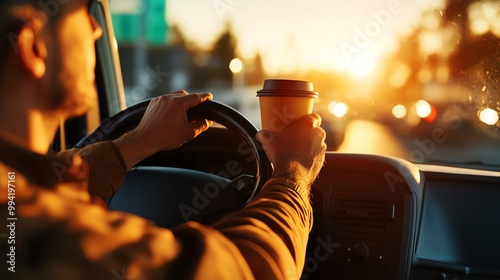 A person driving a car while holding a coffee cup, with sunlight illuminating the scene, capturing a moment of daily life and relaxation on the road.