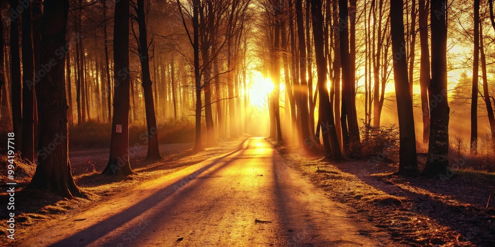 Obraz premium Golden sunlight streaming through a forest path.