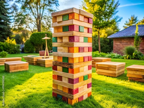 Exciting Giant Jenga Game Blocks Stacked for Outdoor Fun and Team Building in a Backyard Setting photo