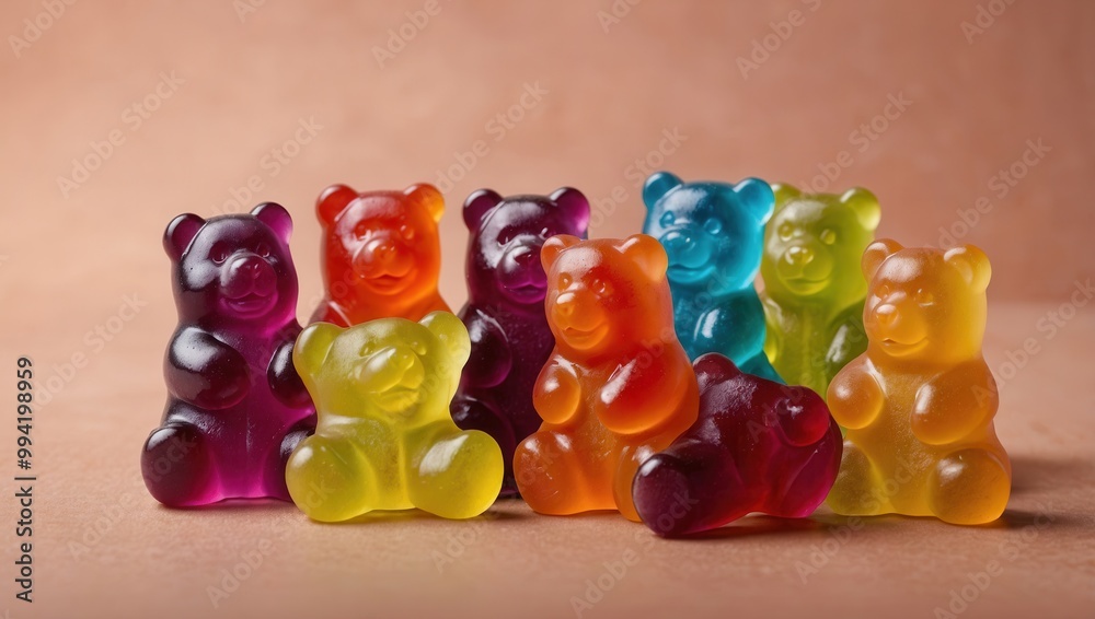 Close-up of neatly arranged gummy bears on neutral surface Close-up of neatly arranged gummy bears on neutral surface
