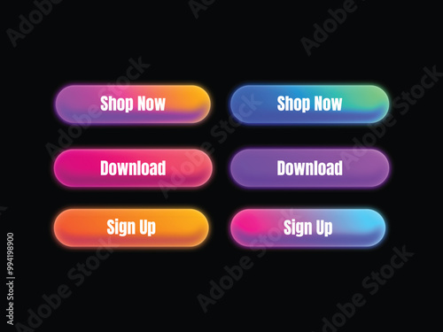 Download, shop now and sign-up gradient button icon. Upload icon. Set of vector modern trendy buttons. Trendy colors on white background. Read More, learn more, buy now, download, watch now.