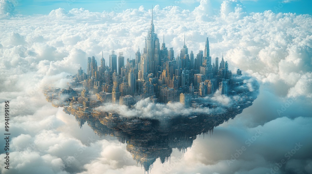 Fototapeta premium A futuristic platform city floats in the sky, surrounded by clouds in a sci-fi fantasy world.
