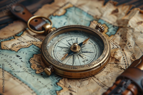 Vintage compass on the treasure map, old fashioned style illustration.