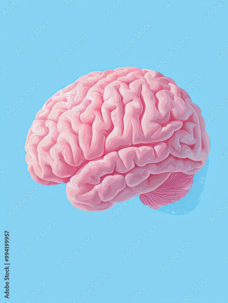 A vibrant pink human brain illustration against a light blue background, highlighting its intricate details.