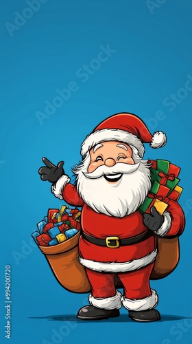 A cartoonish image of Santa Claus holding a bag of presents