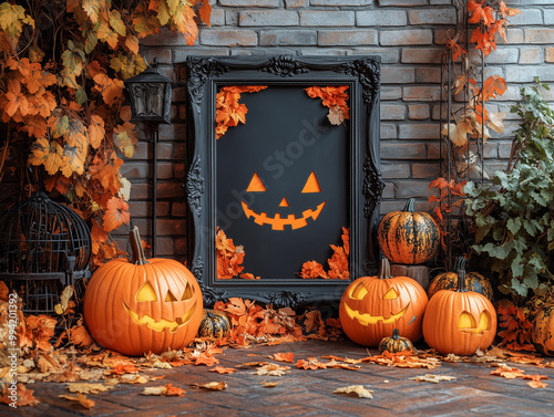 Halloween - Czarna ramka na zdjęcie, obok leżą dynie - 9 photo