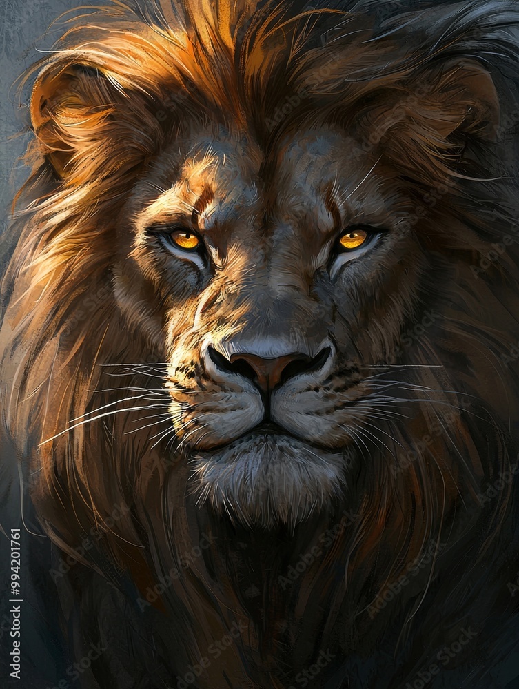 Naklejka premium Majestic lion portrait with intense golden eyes and a flowing mane, showcasing strength and beauty.