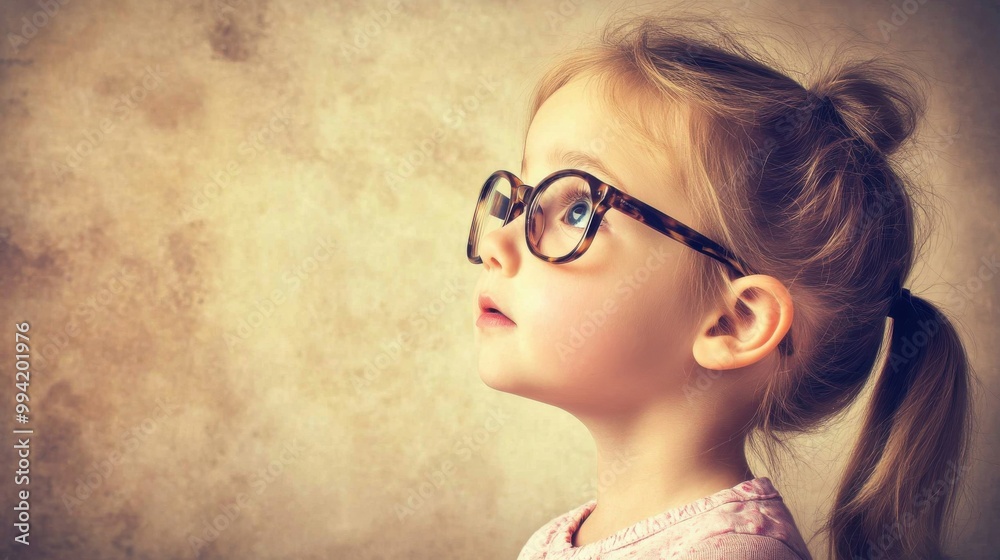 A young girl with glasses looks thoughtfully upward against a textured background in a soft, neutral color palette A young girl with glasses looks thoughtfully upward against a textured background in a soft, neutral color palette