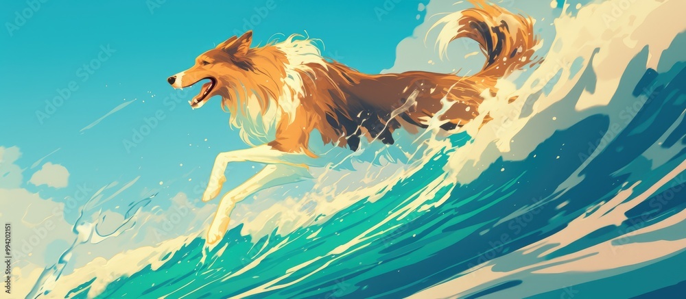 Obraz premium Collie dog running after ocean waves