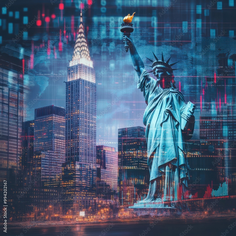 Fototapeta premium New York business skyline with stock exchange trading chart double exposure, Liberty Statue, trading stock market digital concept