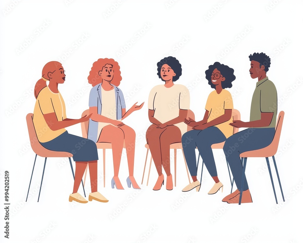 A diverse group of young adults engaged in a discussion in a bright, modern setting.