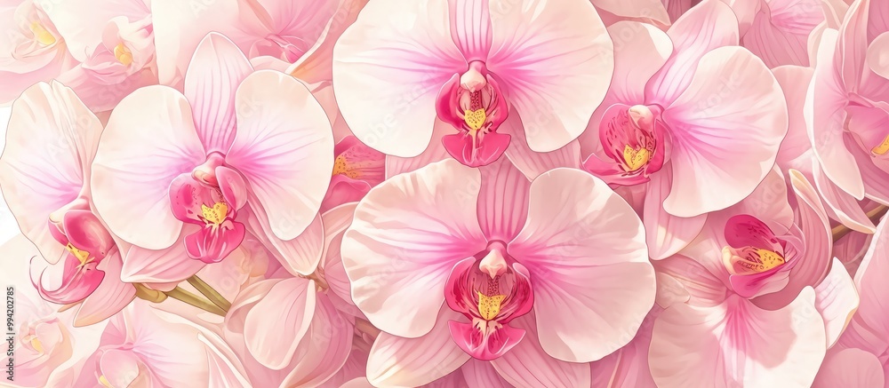 Close up painting of beautiful pink orchids featuring striped petals