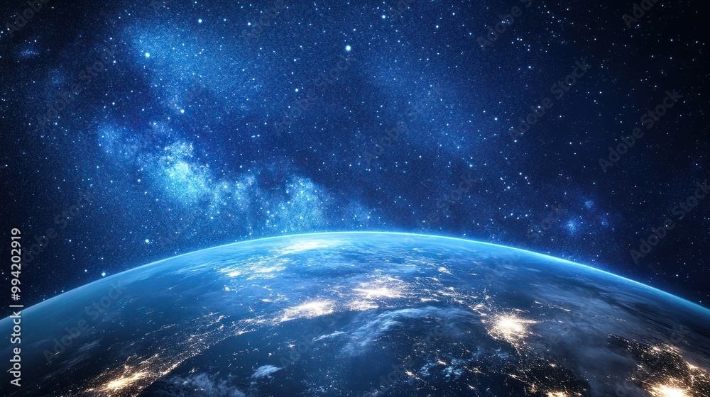 Fototapeta premium Photo of Planet Earth and its Satellites at night from space - North America connected to the rest of the world, technology, global community and futuristic communication system concept.