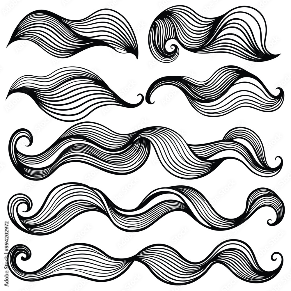 Fototapeta premium Abstract Waves Black and White Line Art Decoration Set.