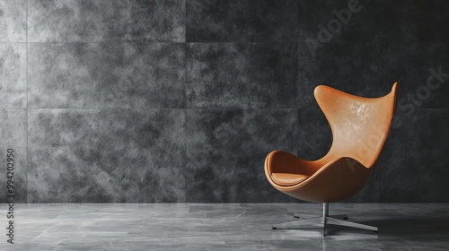 A stylish armchair rests solo against a textured dark wall showcasing minimalist aesthetics photo