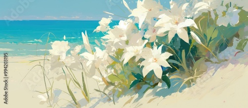 Painting of white flowers by the beach with sea water Vibrant summer ambiance #994203195