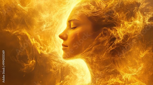 Serene portrait of a figure surrounded by a golden aura