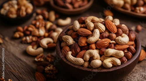 A wooden bowl filled with a variety of mixed nuts, including almonds, cashews, hazelnuts, and pecans, on a wooden surface.