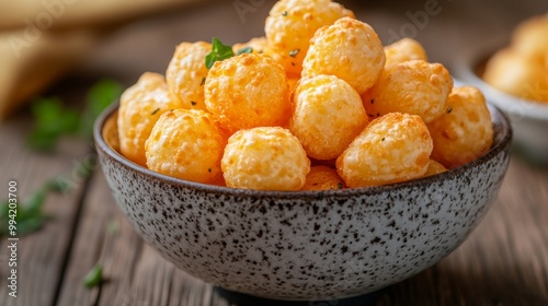 Bowl of cheese puffs on a wooden table.