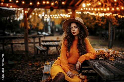 Woman in Orange Sweater and Hat Sitting on a Bench in Fall photo