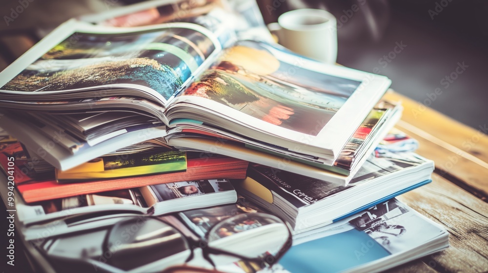 Colorful magazines spread on a wooden table, with glasses and coffee, invite cozy, creative afternoons. Colorful magazines spread on a wooden table, with glasses and coffee, invite cozy, creative afternoons.