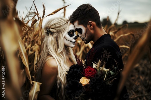 Romantic Couple in Skeleton Makeup for Halloween  in cornfield photo