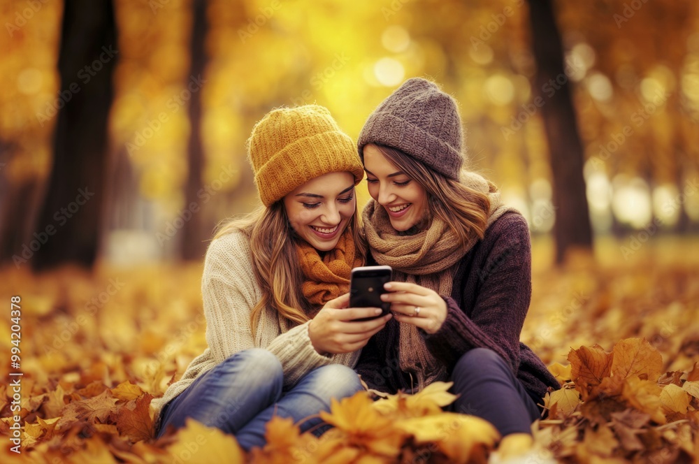 Two Friends Smiling and Looking at Phone in Autumn Forest Two Friends Smiling and Looking at Phone in Autumn Forest