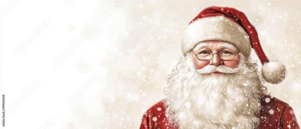 A red santa with a white hat and glasses is smiling at the camera A red santa with a white hat and glasses is smiling at the camera