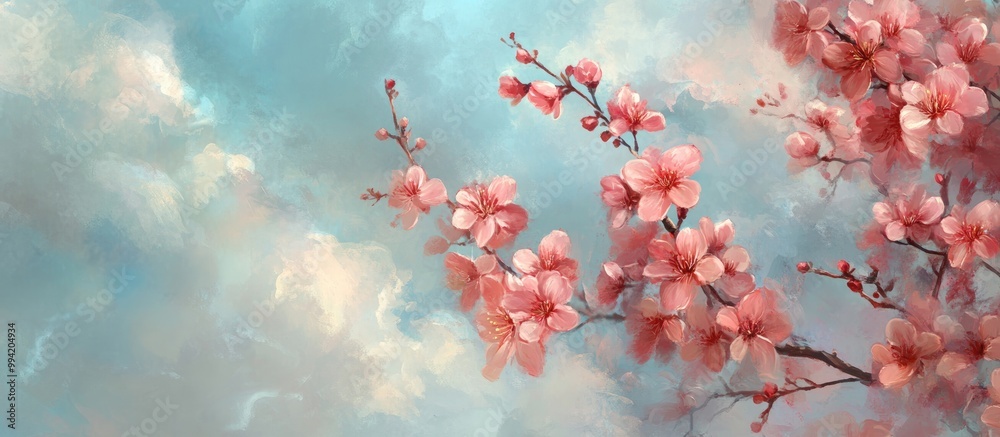 Painting of ornamental plum blossoms on a cloudy day These lovely small flowers belong to the cherry blossom family and typically bloom from February to April Painting of ornamental plum blossoms on a cloudy day These lovely small flowers belong to the cherry blossom family and typically bloom from February to April