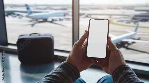 Hands holding smartphone with blank screen at airport terminal
