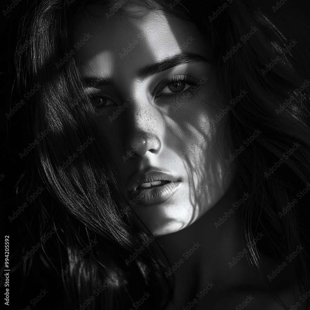 monochromatic portrait of a woman in the shadows and sunlight across her face monochromatic portrait of a woman in the shadows and sunlight across her face