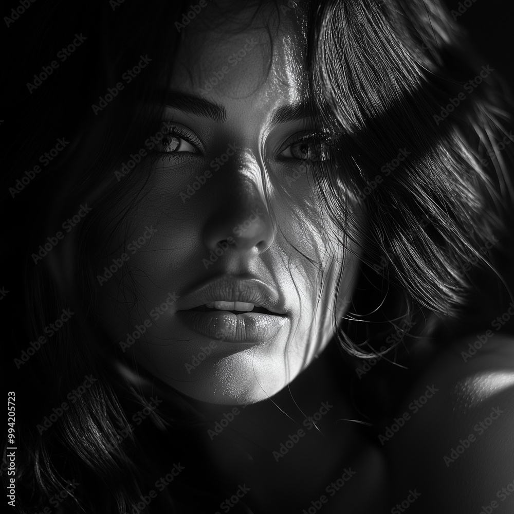 monochromatic portrait of a woman in the shadows and sunlight across her face monochromatic portrait of a woman in the shadows and sunlight across her face