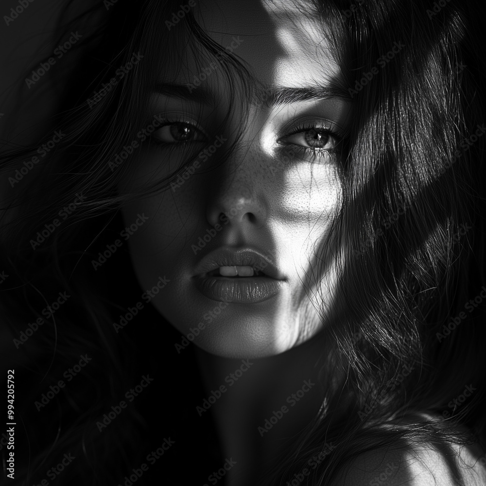 monochromatic portrait of a woman in the shadows and sunlight across her face monochromatic portrait of a woman in the shadows and sunlight across her face