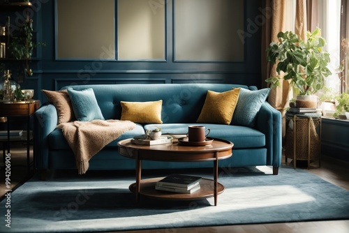 living room interior with blue sofa and coffee table