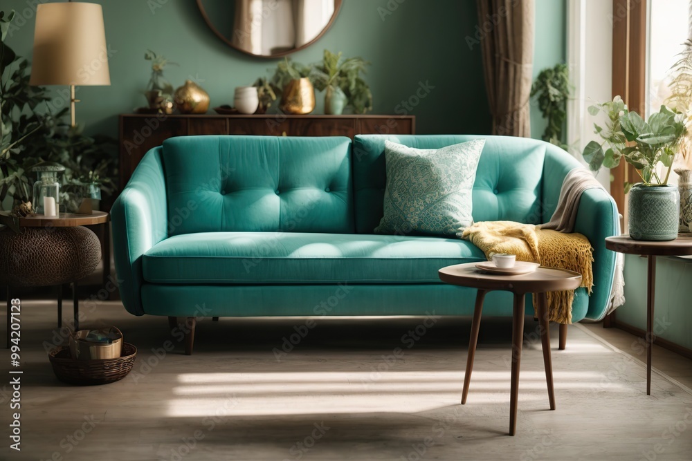 living room interior with turquoise sofa and coffee table living room interior with turquoise sofa and coffee table
