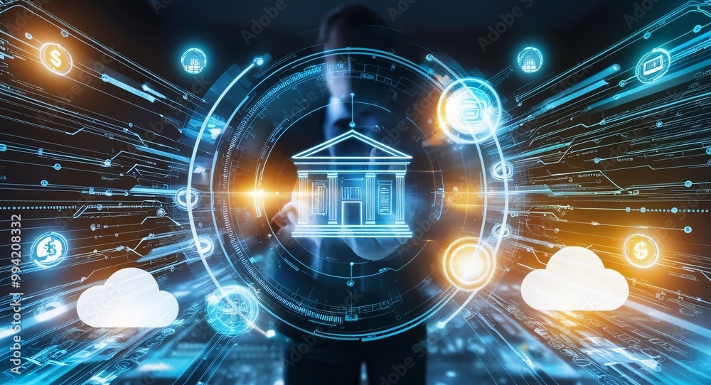 Obraz premium Digital Bank Transformation: Futuristic concept of a person standing in a digital space with a bank building hologram. This image showcases the innovative power of fintech and the future of banking.