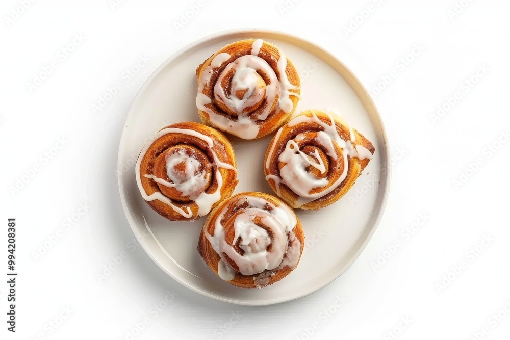white cream cinnamon rolls on a white plate isolated on white, top view, overhead view, cut-out, PNG, clipping path. MZ white cream cinnamon rolls on a white plate isolated on white, top view, overhead view, cut-out, PNG, clipping path. MZ