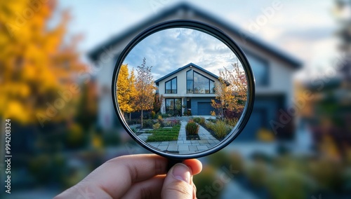 A person is holding up an eye-level magnifying glass to see the outside of their house, showing that they have used it for home architectural marketing photos, with a blurred background Generative AI