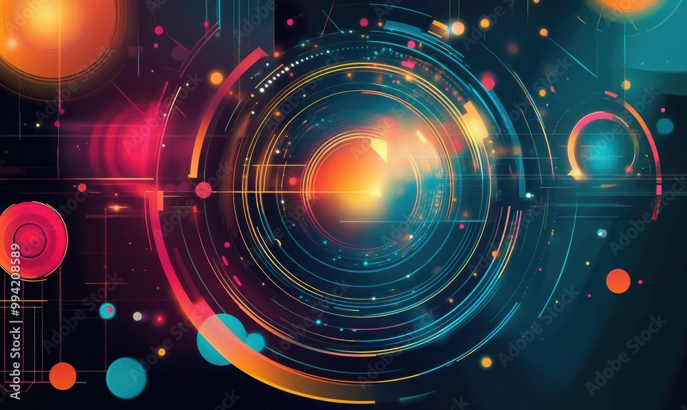 Obraz premium Dynamic circular frames with drop circles illustrating AI technology and science in a vibrant 2D cartoon style complemented by musical elements