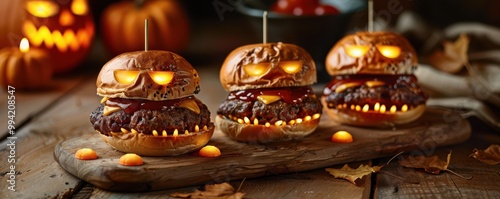 Halloween monster burgers with glowing eyes and fangs, placed on a wooden board. photo